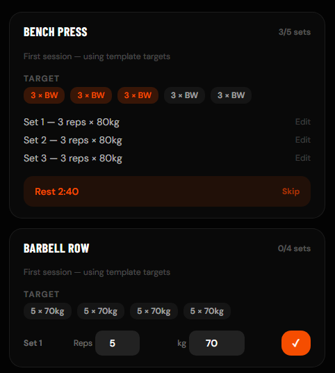 Get Motive session logger with sets being entered
