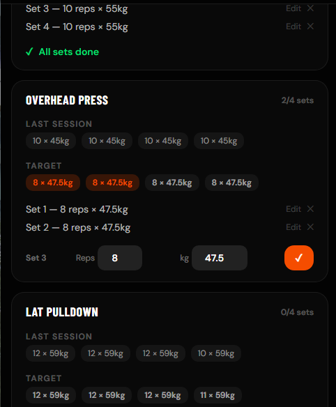 Get Motive showing the calculated next-set target for an exercise
