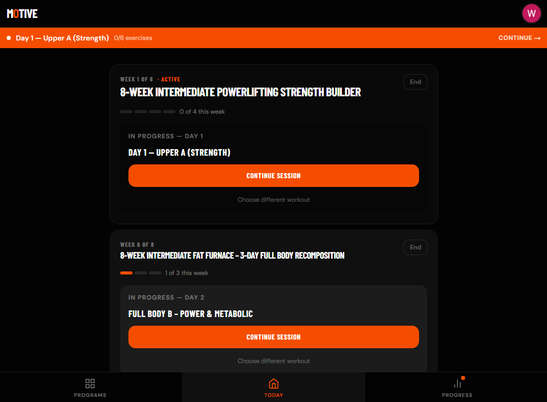 Get Motive dashboard showing today's workout and next-set targets